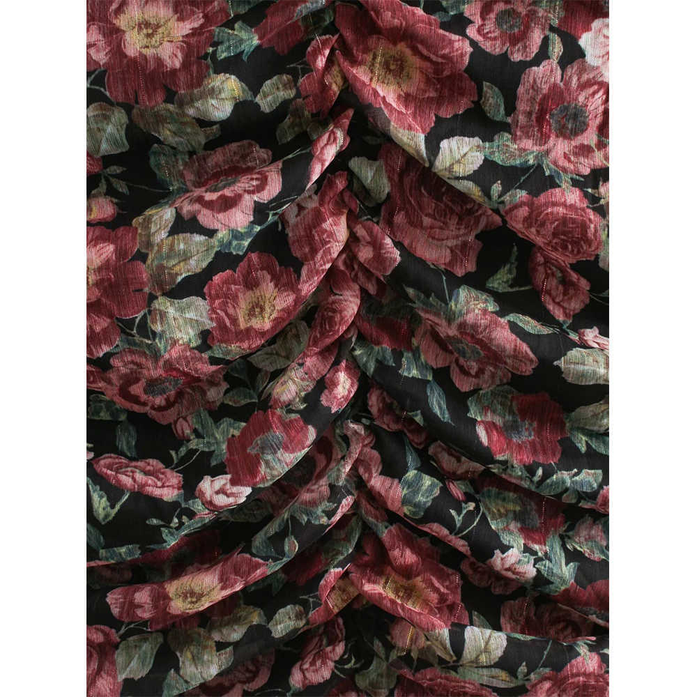 Women Drapped Dress Floral Printed V-neck Short Mini dress Long Sleeves Chic Lady elegant Vintage Casual Woman Dresses 210709