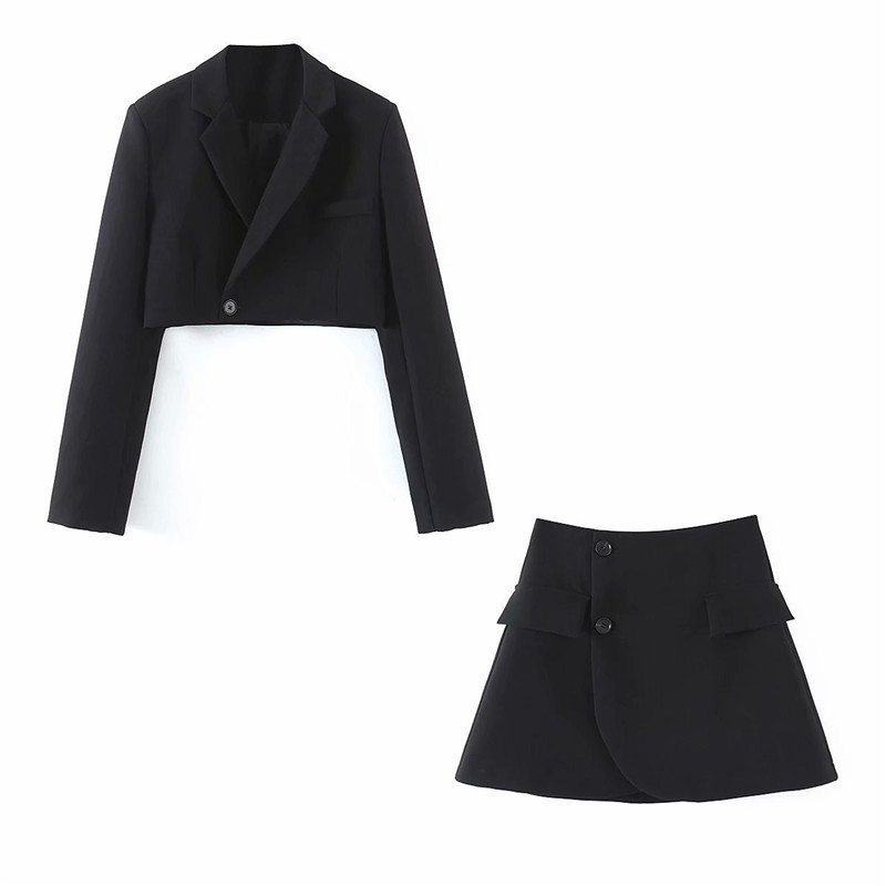 spring lapel one button short suit jacket crop top blazer mini skirt fashionable two-piece women 210514