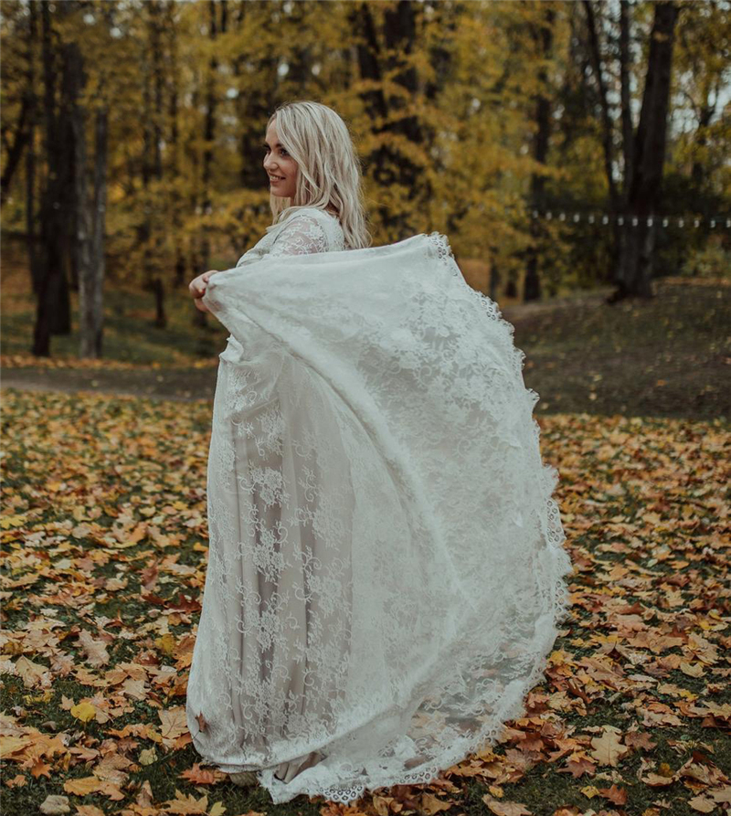 Lace Wedding Dresses Boho Bridal Gowns Plus Size V-Neck Backless 3/4 Long Sleeve Bohemian Bride Dress SImple Vestidos De Novia