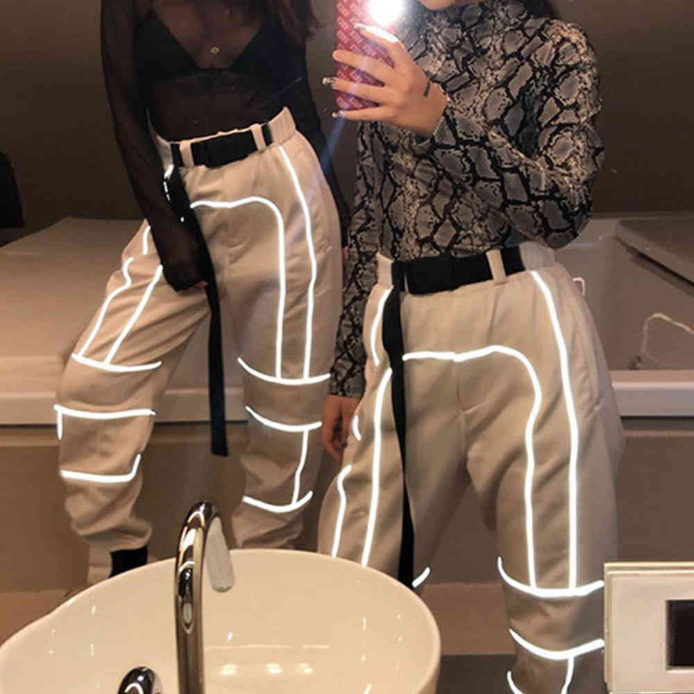 Women Autumn Reflective Cargo Pants Harms Black Sweatpants Trousers Ladies Wild Belt Decoration 210428