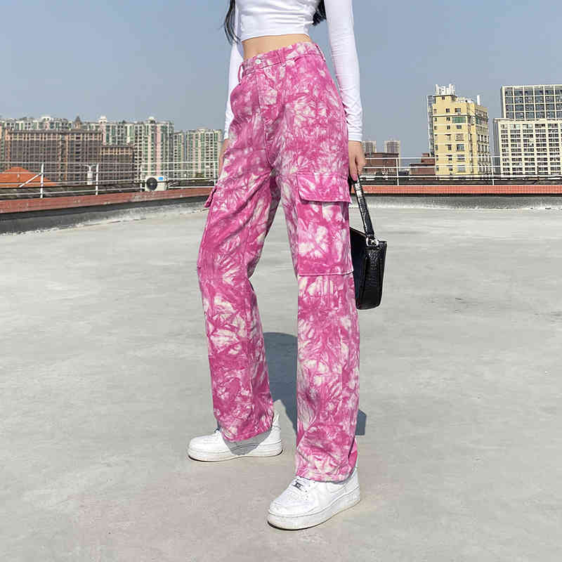 women wide leg jeans Camflouge pink big pocket high waist stright pants casual hip pop trousers 210524