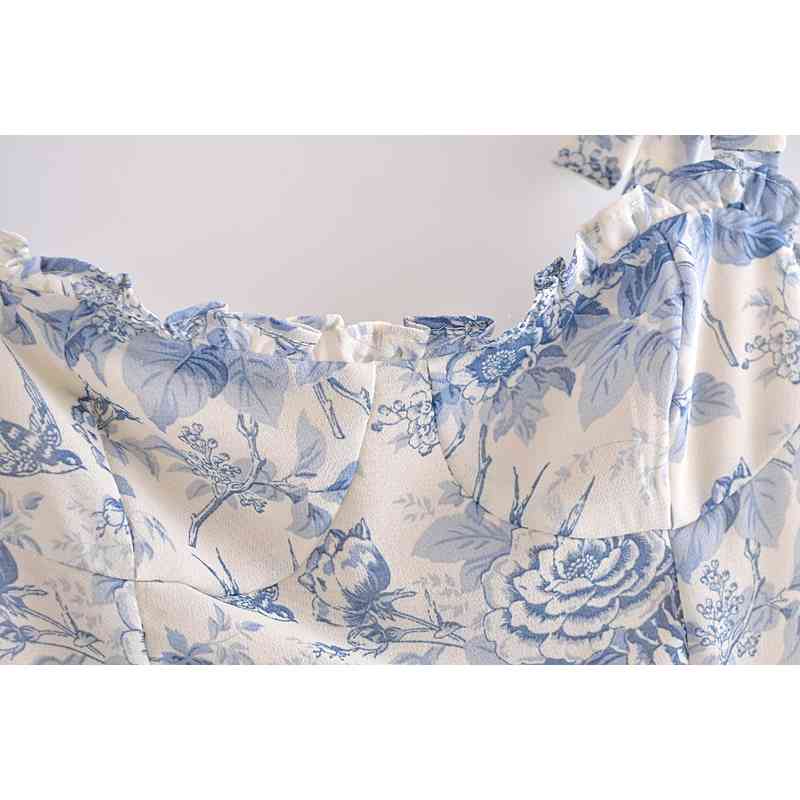 Summer Lace Up Bowknot Spaghetti Strap High Waist French Vintage Printed Ruffle Camisole Dress Female Fashion 210623