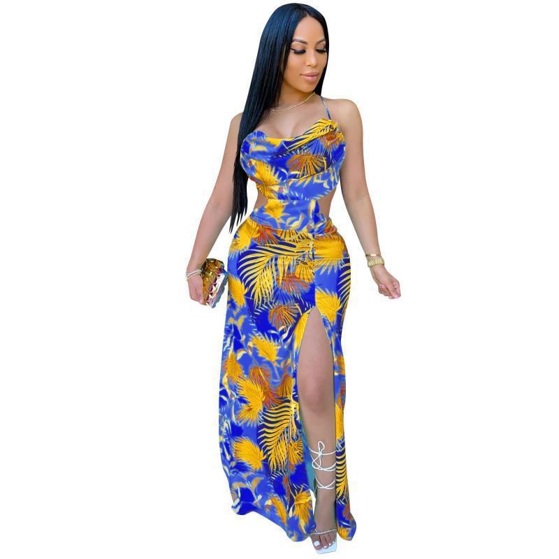 Women Dress Printed Bohemian Deep V Neck Split Backless Spaghetti Strap Maxi es Sexy Long Beach es Summer 210513