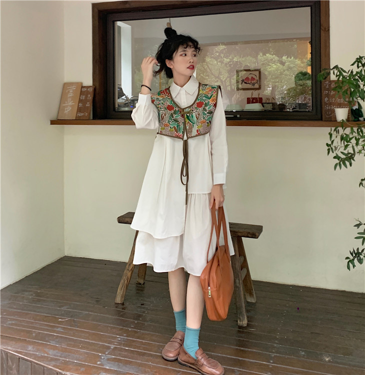 Floral Vest Tops + White Puff Long Sleeve Lapel Irregular Shirts Dress Women Summer Korean Fashion Chic Casual Sets 210429