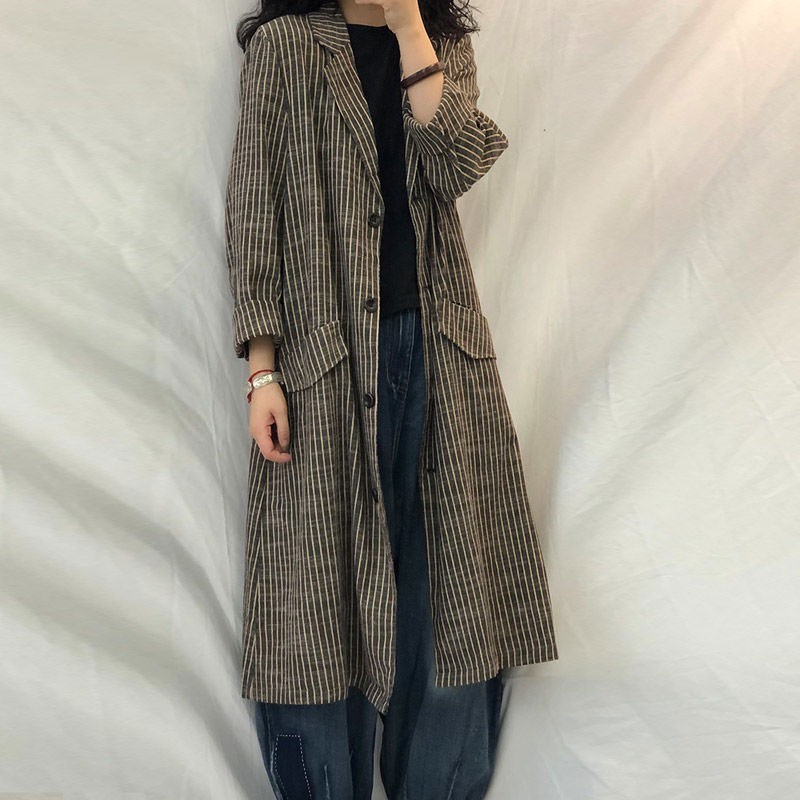 Spring Autumn Arts Style Women Loose Striped Long Trench Coat Single Breasted Cotton Linen Vintage Coats Femme M310 210512