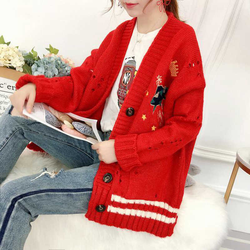 AZYT Women Autumn Winter Knitted Cardigan Cartoon Embroidery Oversize Sweater Coat Harajuku Loose Elegant V Neck Cardigans 211018
