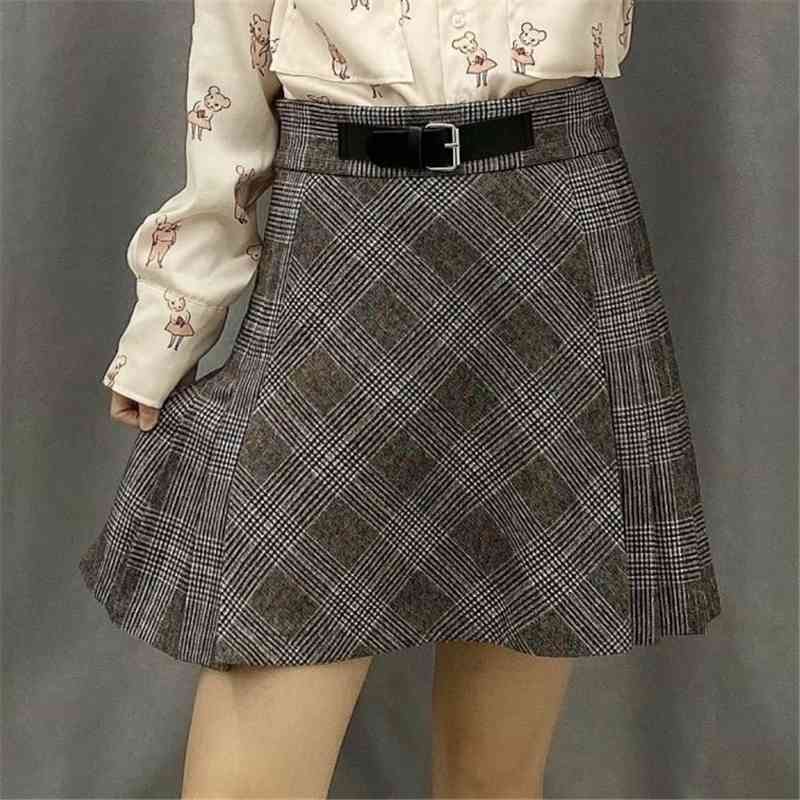 Streetwear Women Elegant Woolen Skirts Fashion Ladies Grey Plaid Vintage Female Chic High Waist Pleated Skirt 210430