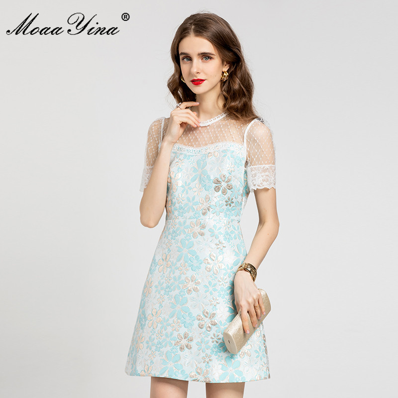 Fashion Runway Summer Short Jacquard Dress Women's Mesh Lace Sleeve Splice Flower Print Vintage Party Mini 210524