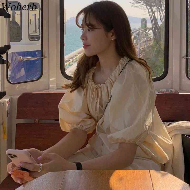 Vintage Drawstring Pleated Blouse Women Fashion Lantern Sleeve Shirt O-neck Top Loose Style Office Blusas 210519