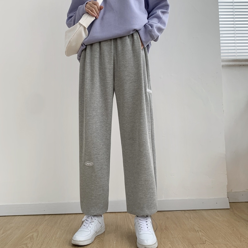 Gray Wide-Legged Pants Women 's Spring Autumn Straight High Waist Drooping Leisure Outerwear Sweatpants Korean Style Pants 210515