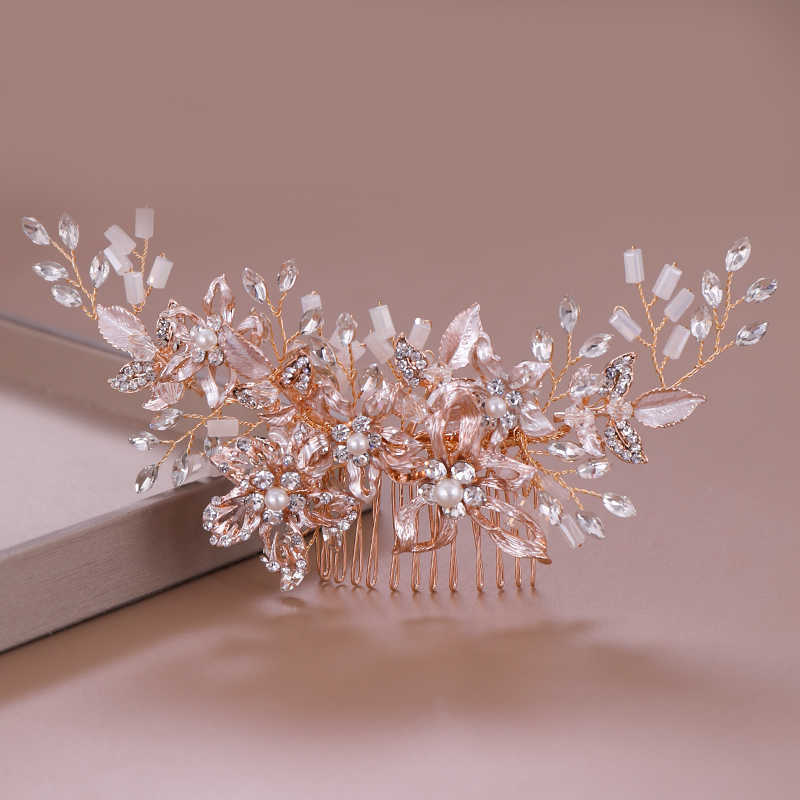 Trendy Rose gold Wedding Hair Combs Accessories for Bridal Crystal Headpiece ornaments Jewelry 210707