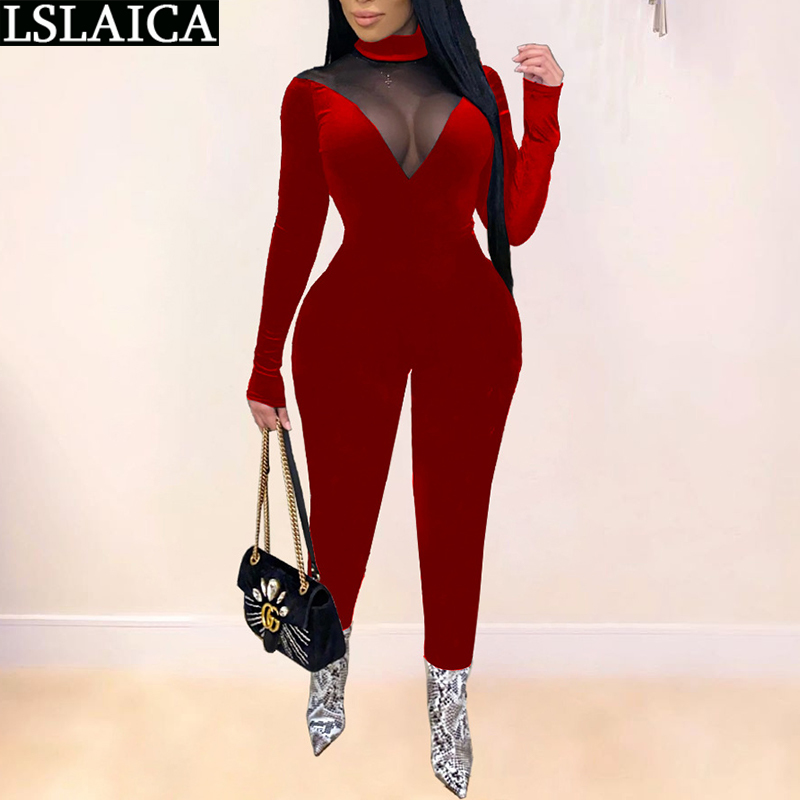 Jumpsuit Women Casual Sexy Mesh Stitching Perspective Slim Night Club Fashion Bodysuit Long Sleeve Bodys Para Mujer 210520