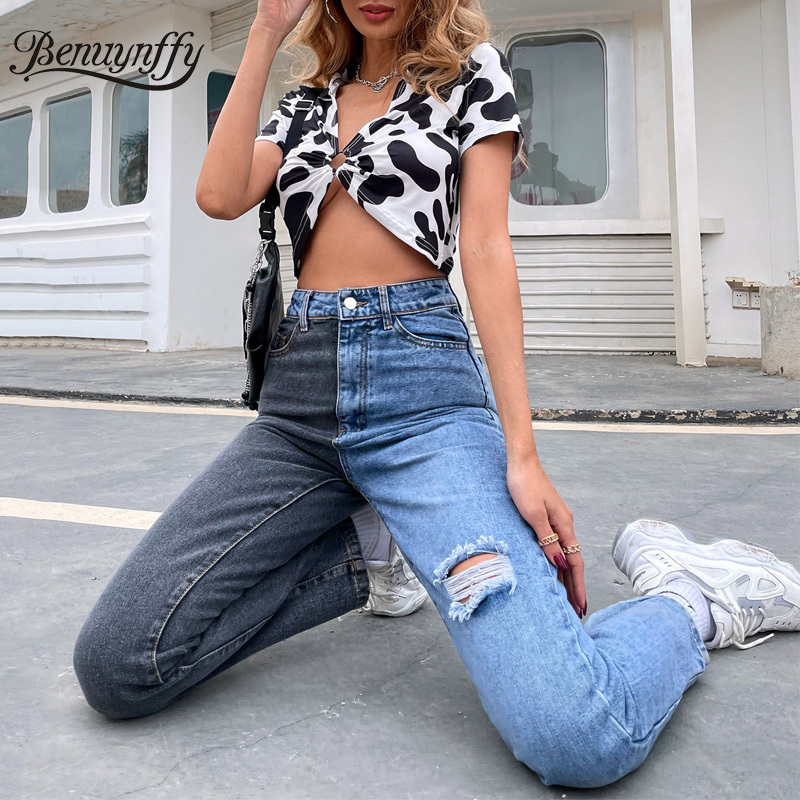 Fashion High Waist Ripped Two Tone Mom Jeans Women Korean Casual Streetwear Straight Leg Denim Pants 210510