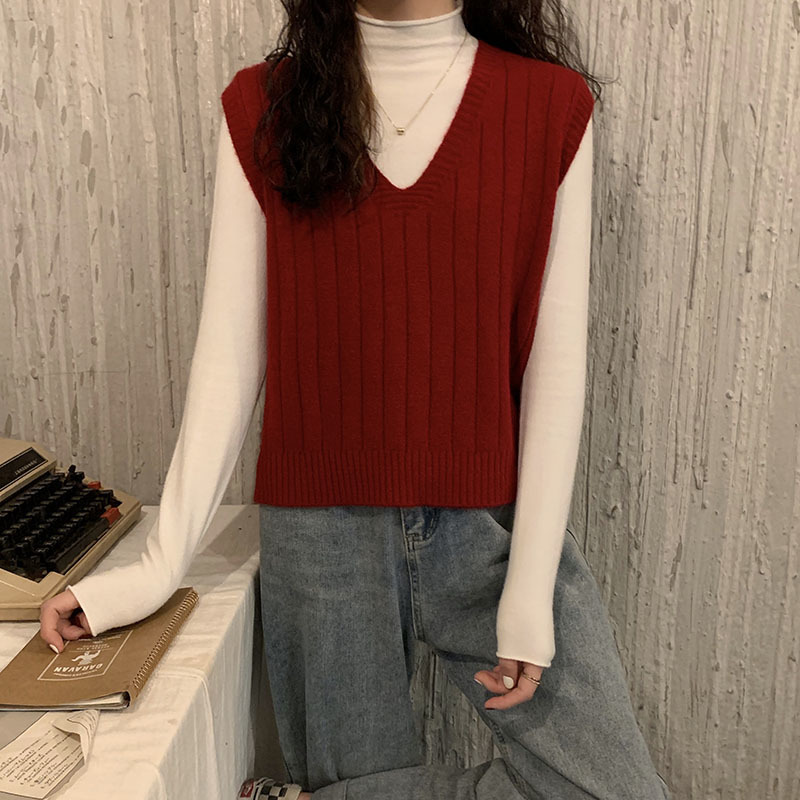 Women Solid Retor Loose V-neck Trick Striped Sweater Vest Autumn Spring Female Knitted Tank Vests with Bottoming Tops 210514