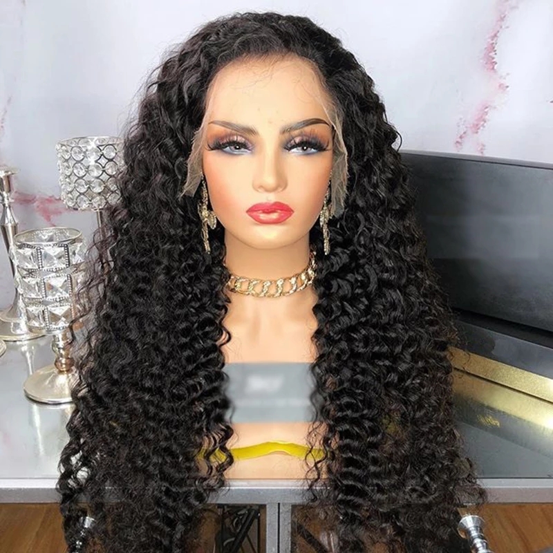 Black color Fiber Hair Synthetic Lace Front Wig Long Kinky Curly Wigs for Women Side Part Loose wave style daily wear