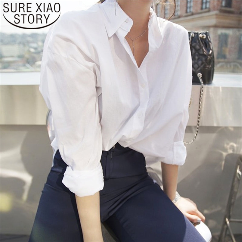 Autumn Korean White Shirt Simple Basic Long Sleeve Female Student Women Blouses Turn-down Collar Tops 6072 50 210506