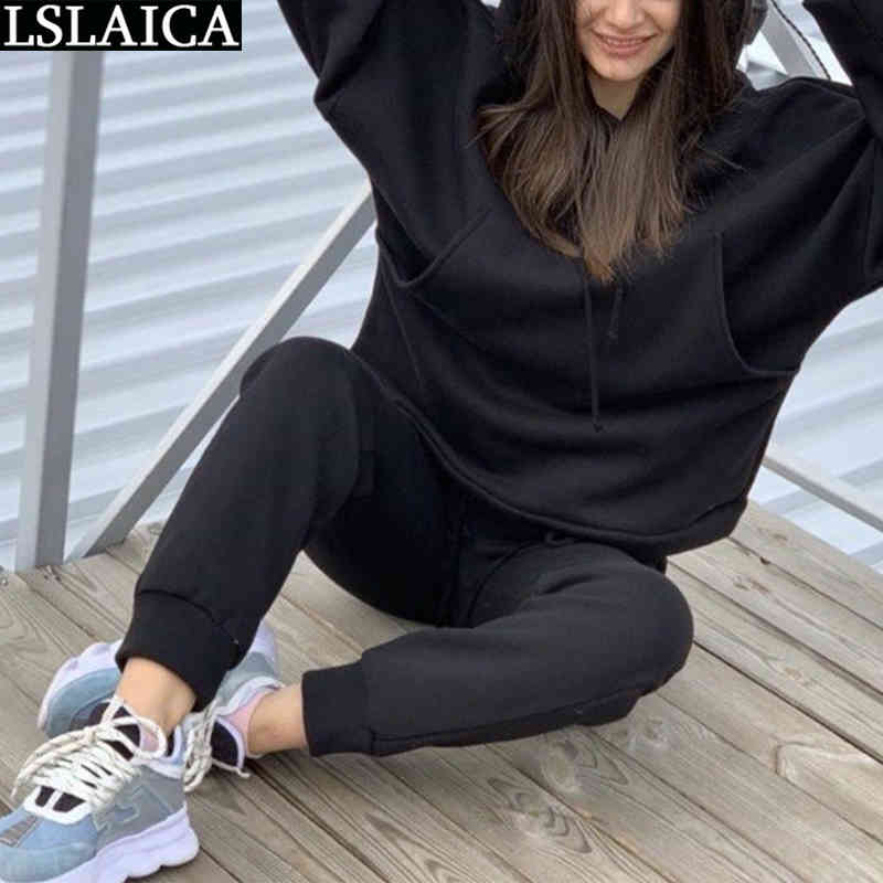 Tracksuit Women Solid Hooded Sweatshirt Pockets Long Pants Knitted Two Piece Set Autumn Fashion Casual Clothing 210520