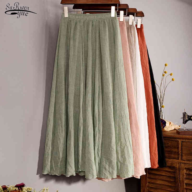 Vintage Spring Elastic Waist Cotton Linen Solid Pleated Long Skirts Summer Maxi Women Boho Beach Jupe 9956 210508