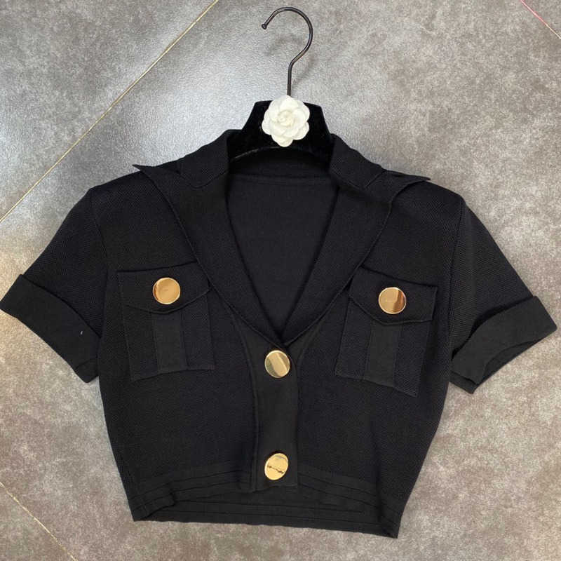 DEAT Women Black knitting Skirt Short lapel short sleeve Two Piece Set Fashion Temperament Spring Summer 11D603 210709