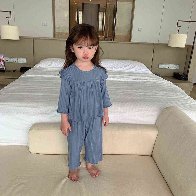 Baby Girls Pajamas Set Sweet Spring Autumn Soft Loose Ruffled Ribbed Pullover Two Piece Home Wear Infant Toddler Clothing 211130