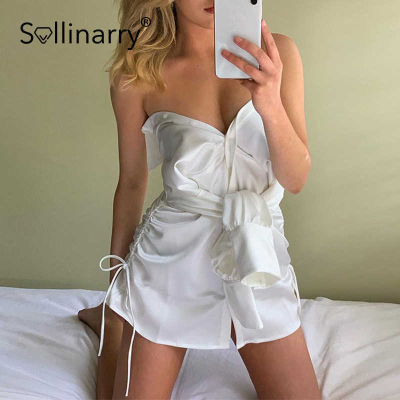 Sollinarry Sexy shirt single breasted white dress High street shirring fashion dress Bubble long sleeves woman dresses 210709
