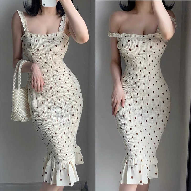 Summer pastoral storm point strap dress strapless sleeveless slim waist fishtail dress Midi dress chiffon 210630