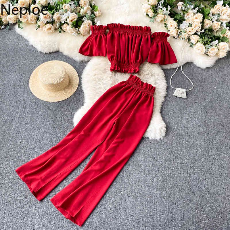 Neploe 2 Piece Outfits Women Slash Neck Ruffles Shirt Crop Tops High Wasit Wide Leg Pans Femme Roupas Two Piece Set Chic Suit 210422