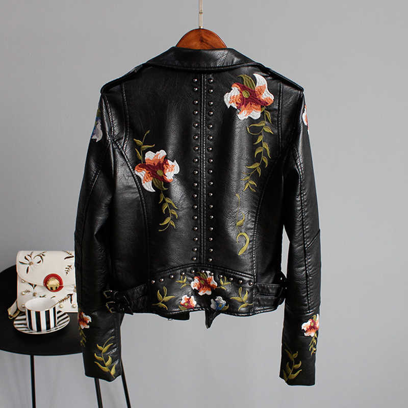 Ly Varey Lin Floral Print Embroidery Faux Soft Leather Jacket Women Pu Motorcycle Coat Female Black Punk Zipper Rivet Outerwear 210526