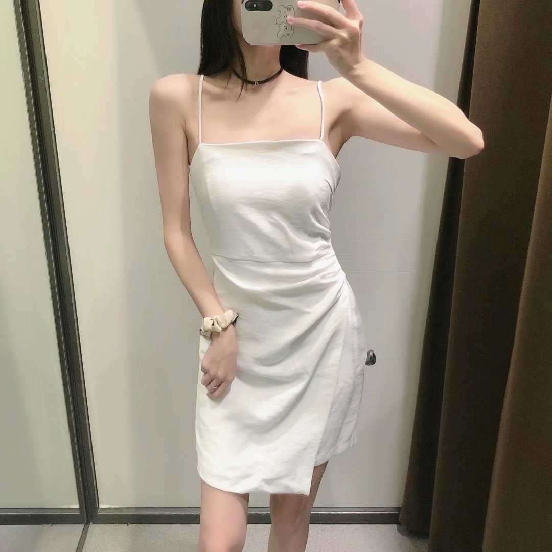 Vintage Summer Pleated Dress Women Sexy Thin Straps Back Zip Chic Lady Mini Dresses Casual Woman Robe femme 210709