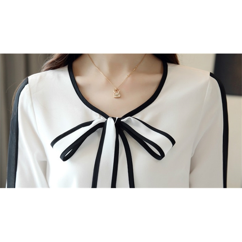 Fashion Womens Tops And Blouses Chiffon Long Sleeve Shirt White Bow V-neck OL Blusas 1026 40 210508