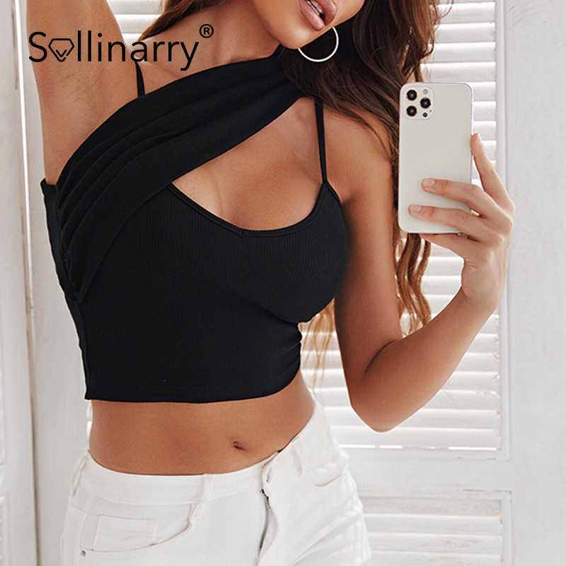 Sollinarry Patchwork rib knitted summer crop top Sleeveless one shoulder woman tops Sexy clubwear slim solid short camisole 210709