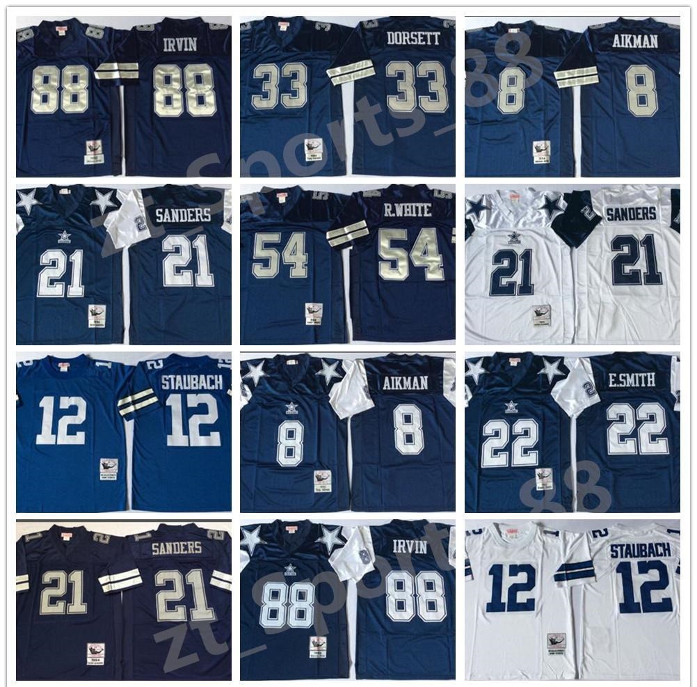 

Vintage Dalla Emmitt Smith 8 Troy Aikman Cowboy Football Jersey 21 Deion Sanders Dorsett Irvin 12 Roger Staubach 54 R. White jerseys, As shown in illustration