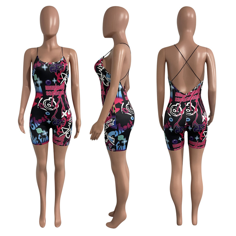 Wholesale Sexy Backless Jumpsuits Women Print Rompers Summer clothes Casual Bodycon Bodysuits Night Club Wear Skinny Sleeveless Overalls Bulk 6919