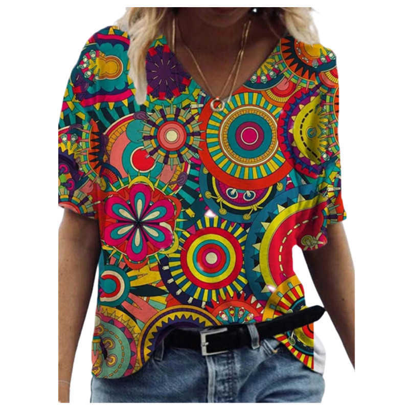 Summer Women T Shirt Casual 3D Abstract Painting Printed V-Neck Short Sleeve Loose Tops Plus Size Streetwear Tee Top Ladies 210526