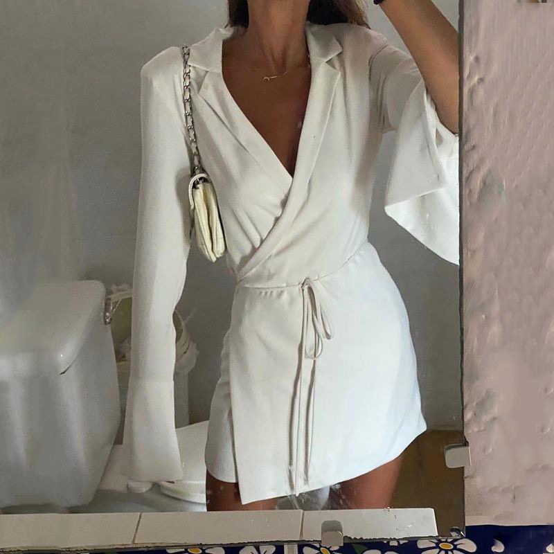 DEAT Women Belt Black Dress V-Neck Long Sleeve Arrivals Lady Temperamnet Fashion Spring Summer 11D1355 210709