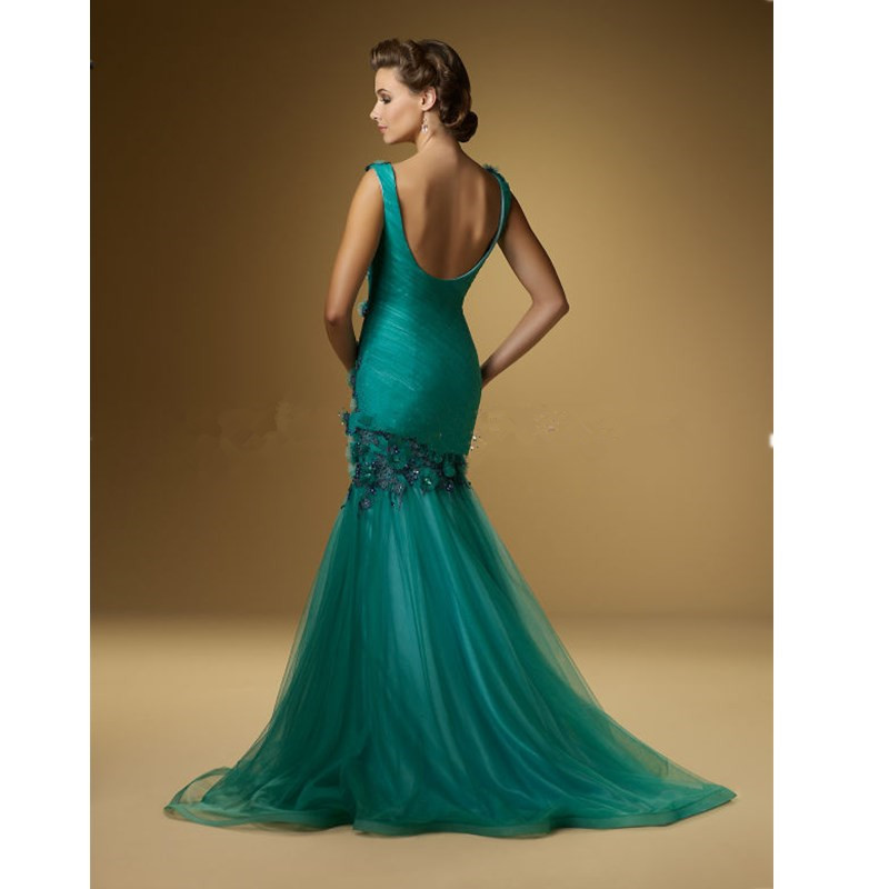 Mermaid V-neck flowers sleeveless beaded wedding dress long bride and mother banquet forma