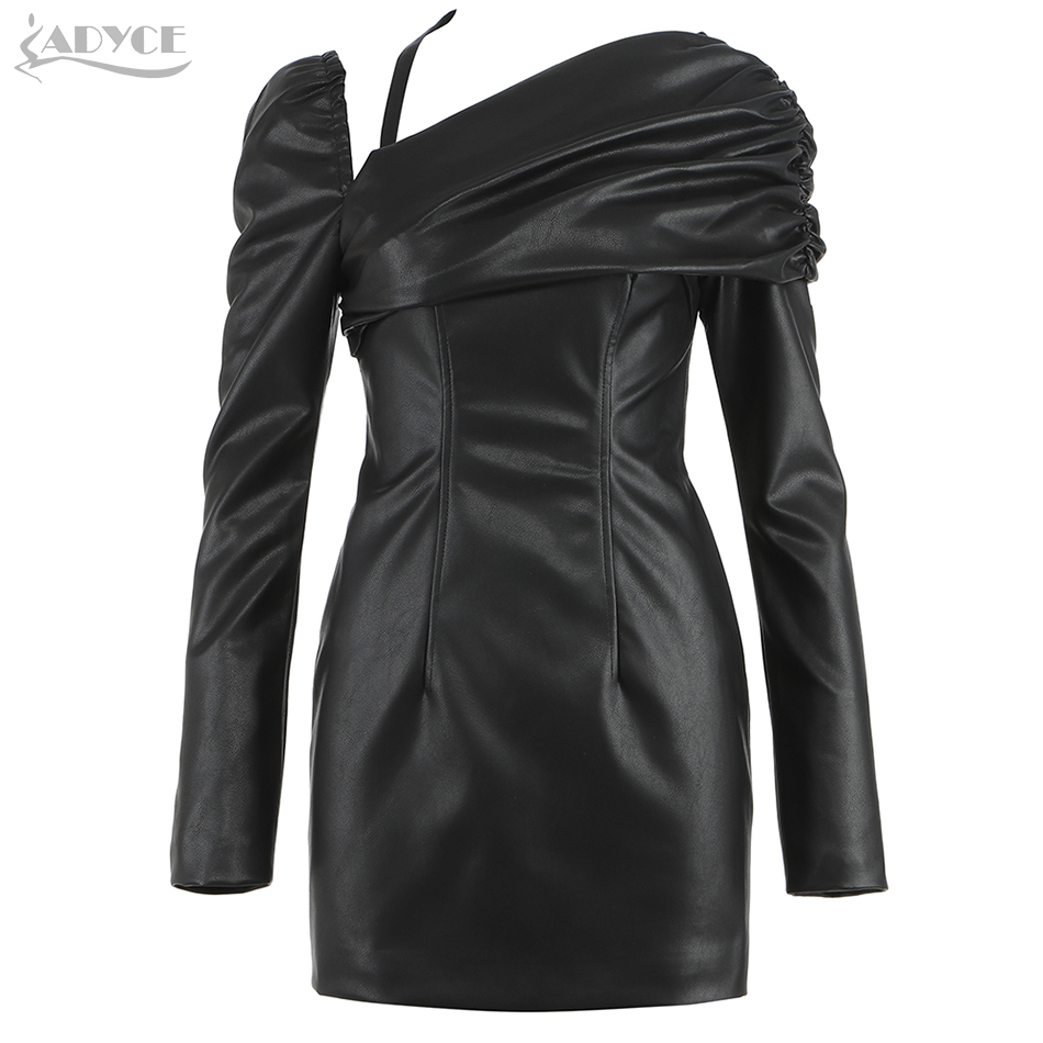 Mini Black Summer Dress For Women Sexy Long Sleeve Draped PU Celebrity Evening Runway Club Party Outfit Lady Dresses 210423