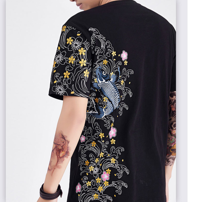 IEFM Men's Embroidery T-shirt Short Sleeve Round Neck Chinese Style Carp Pattern Cotton Tops Loose Tops 9Y6014 210524