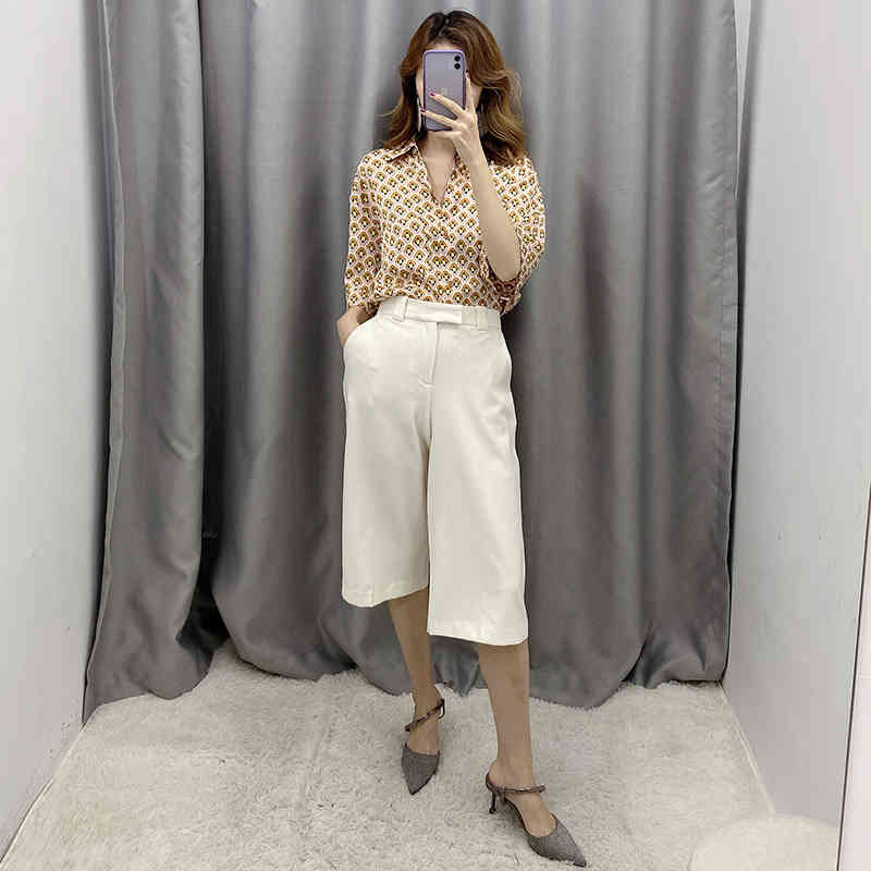Women Loose Casual Half Pants Solid Fashion High Waist Wide Leg Trousers Ladies Office Suit Pantalon Femme 210515