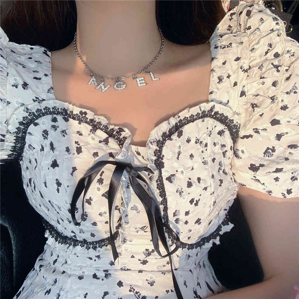 Summer Floral Dress Women French Style Puff Sleeve Chiffon Party Vintage Casual Slim Mini 210519