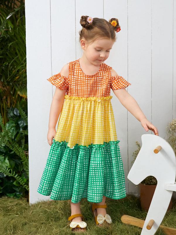 Toddler Girls Plaid Colorblock Cold Shoulder Ruffle Hem Smock Dress SHE