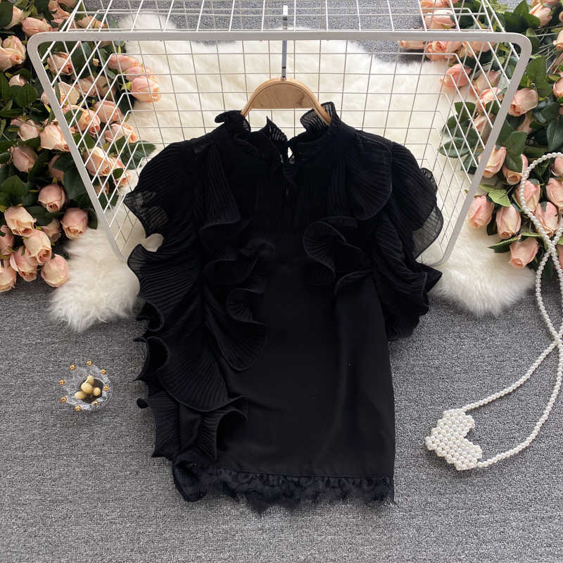 Chiffon Blouse Women Korean Pleated Ruffle Blusa Feminina Summer Butterfly Sleeve Shirt Causal Tops 6J199 210603