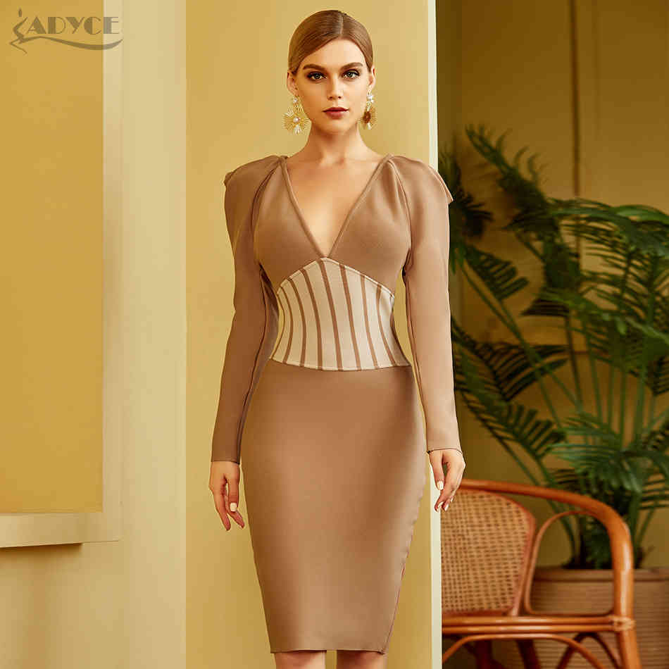 Winter Women Fashion Striped Club Party Dress Sexy V Neck Khaki Long Sleeve Celebrity Runway Bodycon Dresses Vestidos 210423