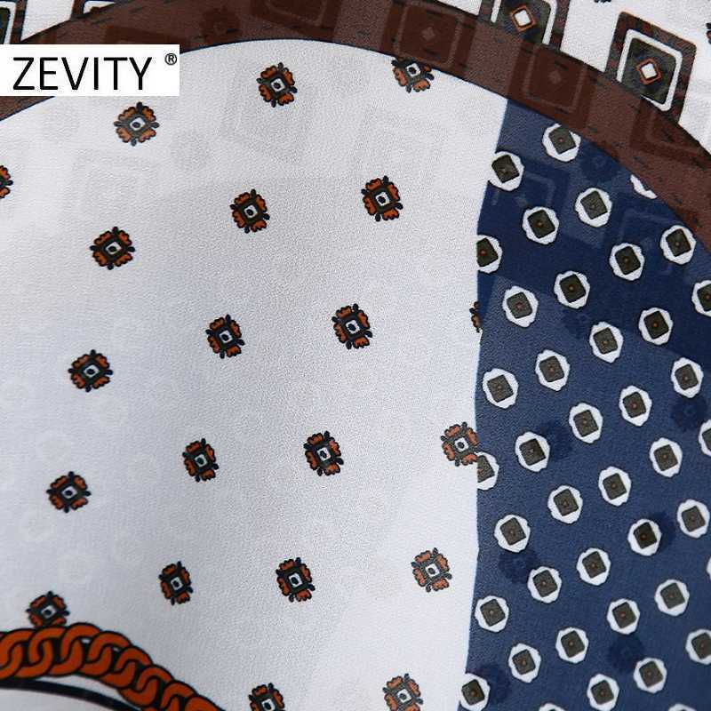 Zevity Women Vintage Geometric Patchwork Print Chain Blouse Retro Bow Tied Casual Chiffon Shirts Chic Femme Blusas Tops LS7294 210603