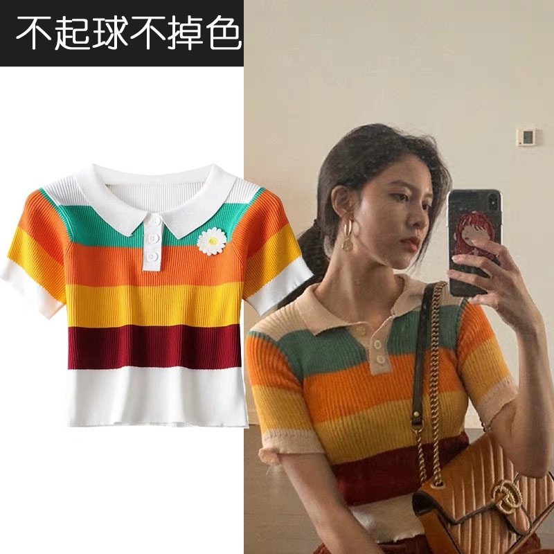 daisy flower colorful striped short top knitting crop tshirt summer women ropa mujer harajuku Tee 210421