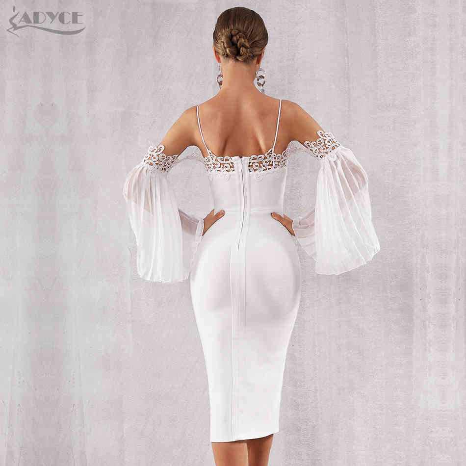 Autumn Women Bandage Dress Sexy Flare Sleeve White Lace Midi Vestidos Elegant Celebrity Evening Party 210423