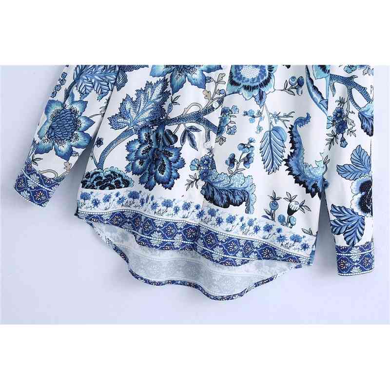 Chinese Style Women Blue And White Printing Shirts Fashion Ladies Turn Down Collar Tops Streetwear Female Chic Blouses 210527