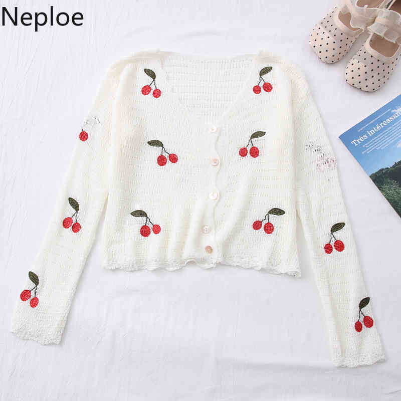 Neploe Cropped Cardigan Sweet Knitted Sweaters Embroidery Cherry Thin Coat Hollow Out Sun Protection Coat Tops Female 95087 210422