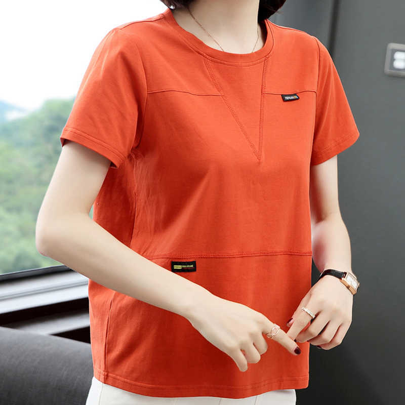 Camisas Mujer Cotton T Shirt Women Appliques Patchwork Casual Plus Size Summer Tops Tshirt Female Short Sleeve Tee Femme 210615Z