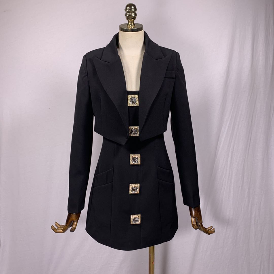 Elegant Two Piece Set For Women Lapel Long Sleeve Short Tops Square Collar Patchwork Diamond Vest Dress Casual Sets 210525